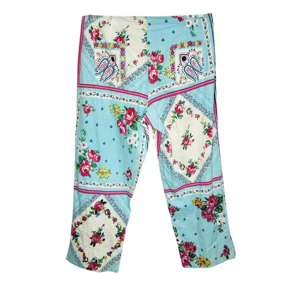 Ario Beaded Cropped Pants Large Boho Cottage Floral Art Patchwork Print Wide Leg - Picture 2 of 14